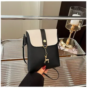 Korean style mini phone bag contrast color crossbody shoulder bag with cute deer pendant.