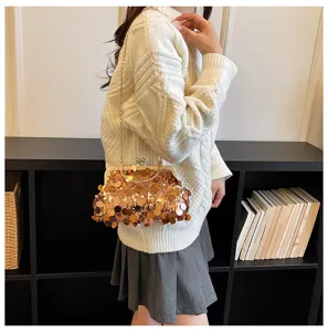 Sequin chain shoulder bag detail shot, featuring glittering metallic clasp and delicate strap.