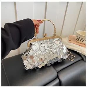 Women fashion sequin crossbody chain bag elegant evening clutch silver shell shoulder bag