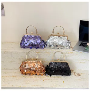 Sequins clutch bag for women, sparkling evening shoulder handbag with metallic frame and chain.