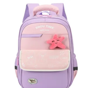 Kids school backpack, purple pink color block design with cute starfish pendant, large capacity.