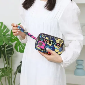 Floral Oxford cloth zipper clutch bag for women, large capacity casual wristlet wallet purse.