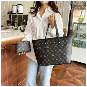 Classic large capacity black tote bag with matching pouch, vintage printed commuter shoulder bag.