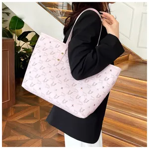 Pink swan pattern shoulder tote bag with large capacity, elegant vintage commuting style detail.