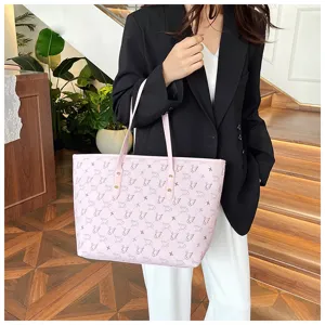 Pink tote bag for women, large capacity shoulder bag with swan pattern for daily commute.