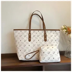Elegant women large capacity tote bag with matching pouch retro swan pattern chic shoulder bag