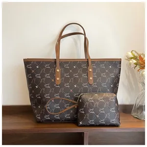 Retro pattern tote bag and matching pouch set on wood shelf, large capacity daily commuting bag.