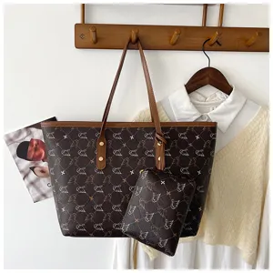 Vintage brown tote bag for women large capacity shoulder bag with matching pouch chic daily.