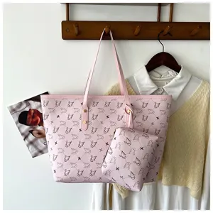 Pink large capacity tote bag with matching pouch, elegant commuter shoulder handbag.