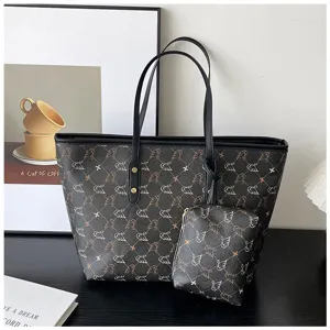 Classic large capacity tote bag for women, elegant retro pattern leather shoulder bag.