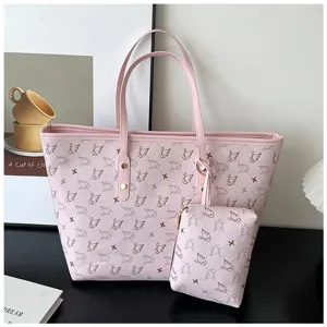Pink tote bag with matching pouch, large capacity PU leather shoulder bag for women daily use.
