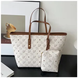 Chic large capacity tote bag with matching pouch, stylish retro commuter shoulder bag.