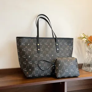 Women Large Capacity Tote Bag Retro Pattern PU Leather Shoulder Bag Casual Commuter Bag With Small Pouch Set