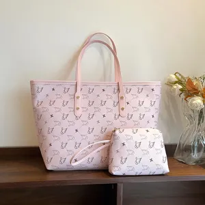 Pink large capacity tote bag and matching pouch set with elegant swan print for women.