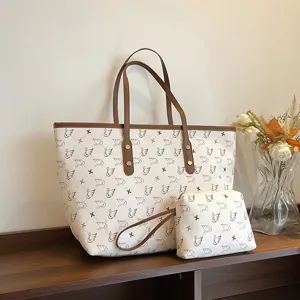 Elegant large capacity tote bag with matching pouch, vintage swan print design for women.