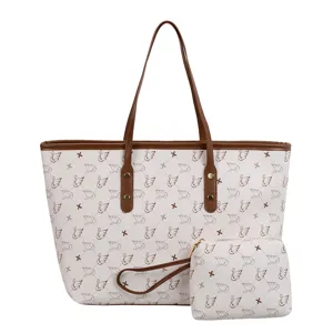 Women large capacity tote bag vintage shoulder commuting bag with matching pouch
