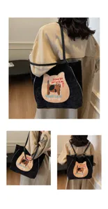 Corduroy tote bag with cute cat embroidery, large capacity convertible backpack purse.