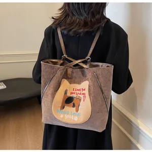 Brown corduroy tote bag with cute cat embroidery and convertible straps for daily use