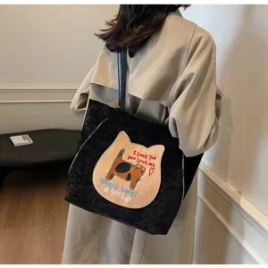2025 new corduroy cat tote bag for women, large capacity casual shoulder bag with cute patch.