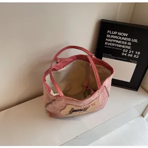 Pink large capacity casual tote bag for women, stylish canvas shoulder bag with cute patch.