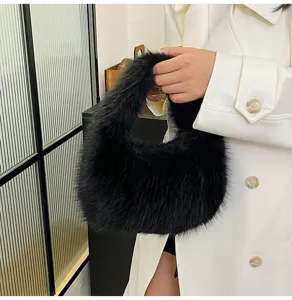 Elegante borsa a mano peluche nera da donna, tendendenza autunno inverno soffice borsa a sacco.