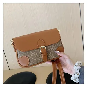 Brown leather crossbody shoulder bag detail, vintage square purse with metal buckle clasp.