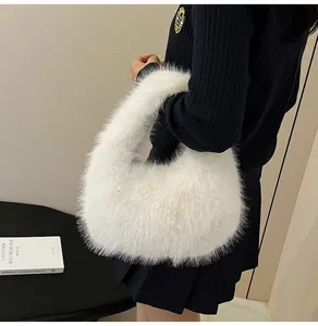 Borsa a mano soffice in peluche bianco per donna, borsa a spalla in pelliccia sintetica inverno.