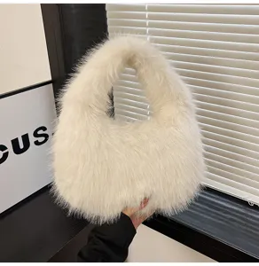 Borsa a mano in peluche soffice bianca per donna, borsa a spalla alla moda autunno inverno.
