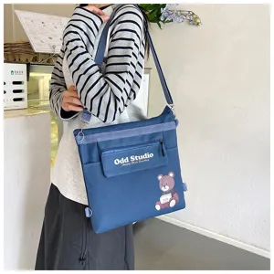 Canvas Umhängetasche Damen Schultertasche große Kapazität blaue Freizeittasche Bär Print