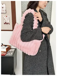 Pink fluffy faux fur tote bag for women, soft large capacity casual shoulder handbag.