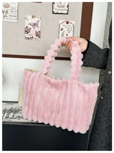 Pink plush tote bag for women winter fluffy handbag large capacity shoulder bag stylish design