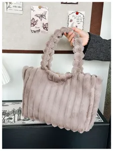 Stylish autumn winter plush tote bag for women soft furry handbag with braided handle