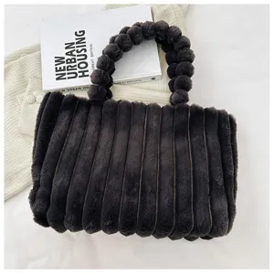 Brown fuzzy tote bag with vertical stripes and plush ball handle winter style shoulder bag