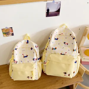 Cute canvas school backpack yellow and white casual daypack stylish student bookbag for girls