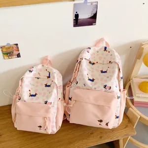 Pink canvas school backpack set for students, cute dog pattern casual daypack bags.