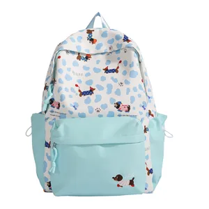 Cute light blue dachshund print canvas school backpack for teen girls casual daily book bag
