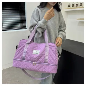 Purple quilted travel duffel bag with separate shoe compartment for gym, yoga and daily use.