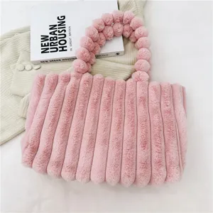 Pink plush tote bag for women autumn winter fluffy handbag large capacity shoulder bag casual