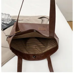 Women brown PU leather tote bag large capacity casual shoulder bag daily commuter handbag