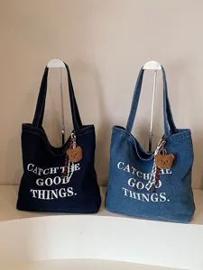 Korean style canvas denim tote bag for women, large capacity casual shoulder bag with bear.