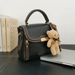 Contrast color women shoulder bag stylish top handle handbag with cute bear pendant chic
