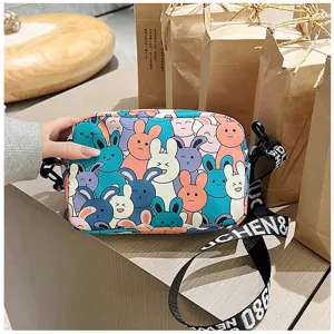 Cute cartoon rabbit print crossbody bag detail view, stylish canvas shoulder bag for women.