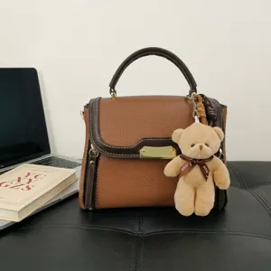 Brown contrast shoulder bag for women fashion top handle handbag with cute bear plush pendant