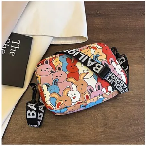 Cartoon rabbit print crossbody bag, stylish canvas shoulder bag for women daily casual use.
