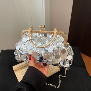 Stylish sequin clutch bag for women with metal chain, elegant evening shoulder bag style.