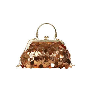 Bronze Sequin Evening Clutch Handbag with Gold Metal Frame and Chain Strap for Women