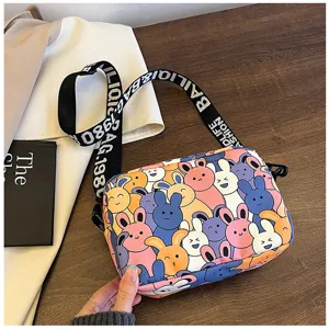 Colorful cartoon rabbit print crossbody bag, stylish casual shoulder bag with wide strap.