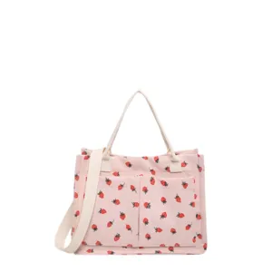 Pink corduroy tote bag with cute strawberry pattern, large capacity casual shoulder bag main view.