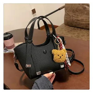 Women Black PU Leather Crossbody Tote Bag Casual Handbag with Cute Bear Pendant