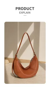 Genuine cowhide crescent shoulder bag, fashion casual women underarm hobo crossbody bag detail.